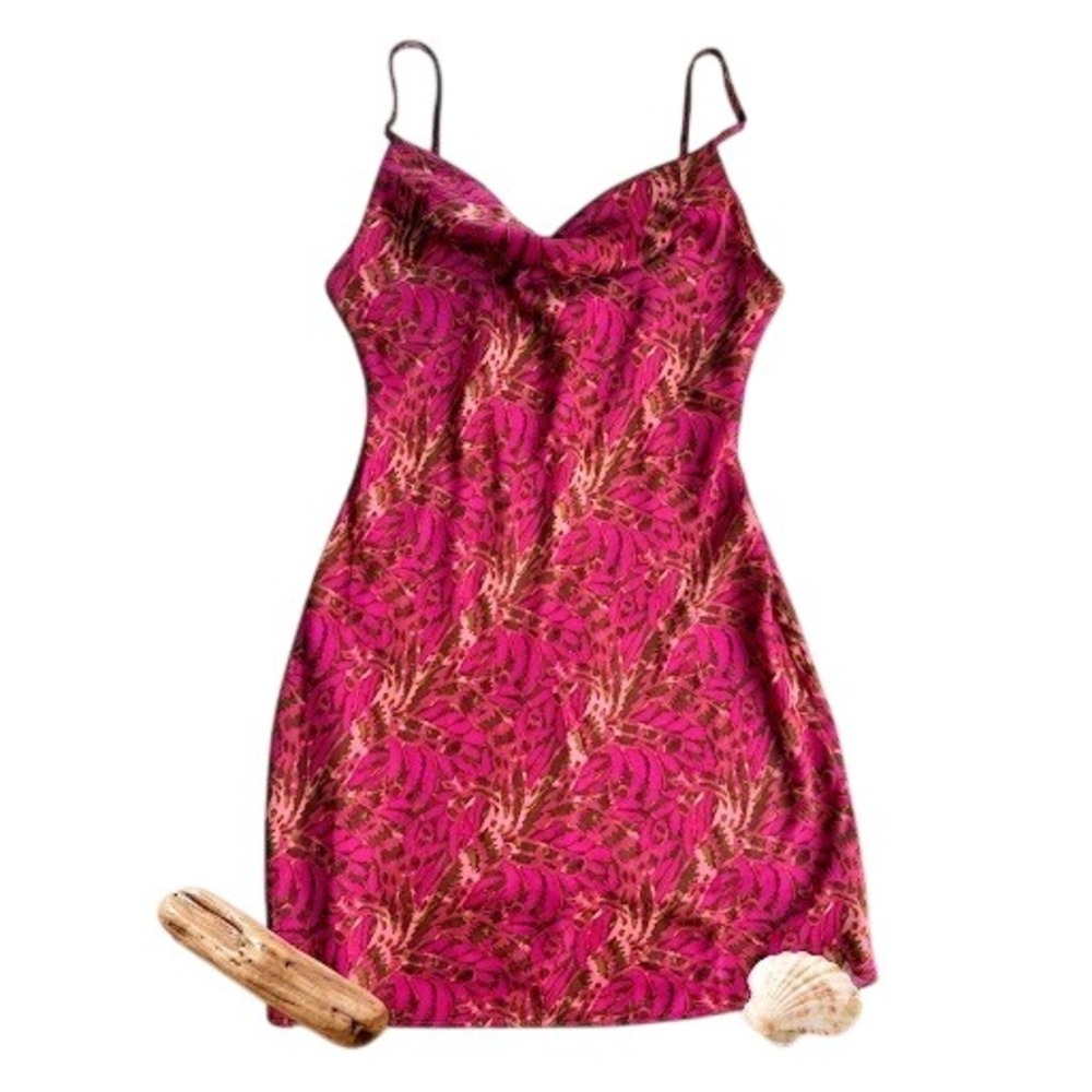 Urban Outfitters Pink Brown Abstract Floral Cowl Neck Slip Mini Dress M